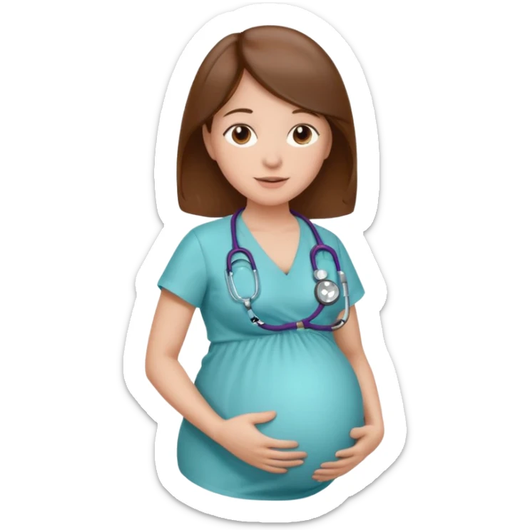 A pregnant woman with long brown hair and belly with a stethoscope sticker