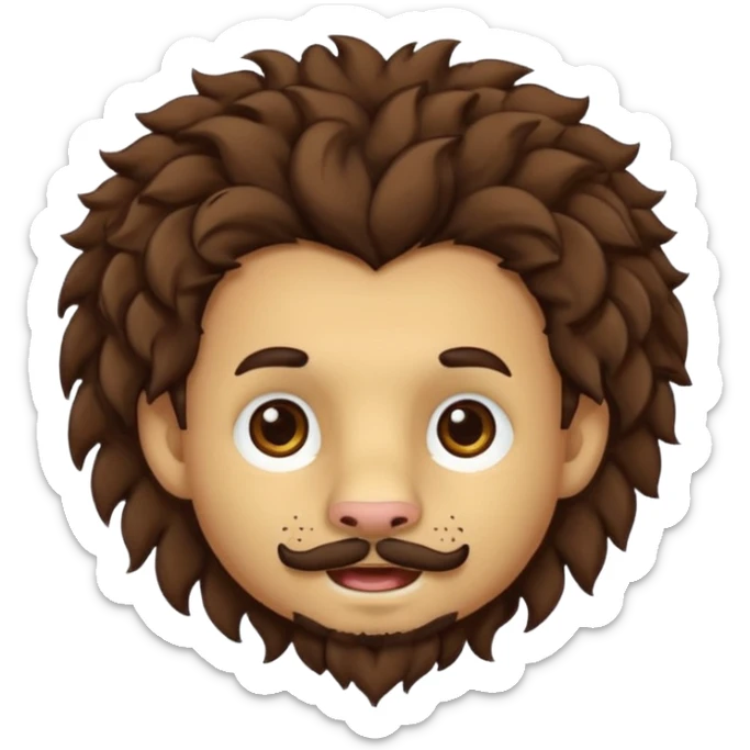 Make a cute boy lion with curly dark brown hair with a disconnected goatee and medium skin with a thin mustache sticker