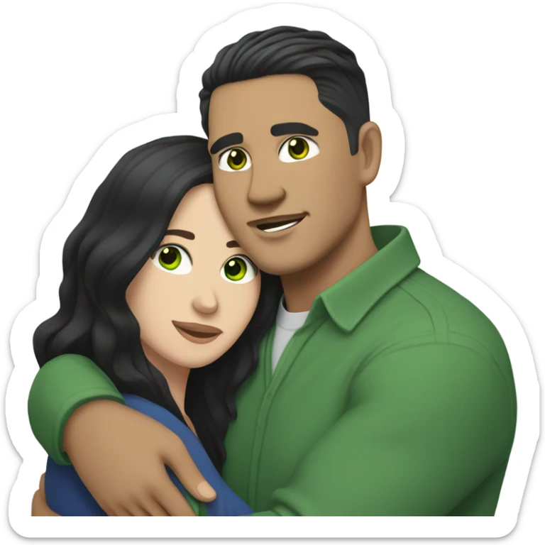 Light skin vietnamese man with straight black undercut hair and a white brunette woman with green eyes and long wavy hair tightly hugging each other  sticker