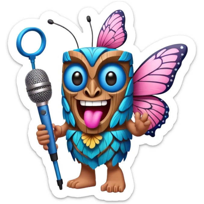 Cartoon Blue and pink tiki singing with butterfly and in the mikrophone sticker