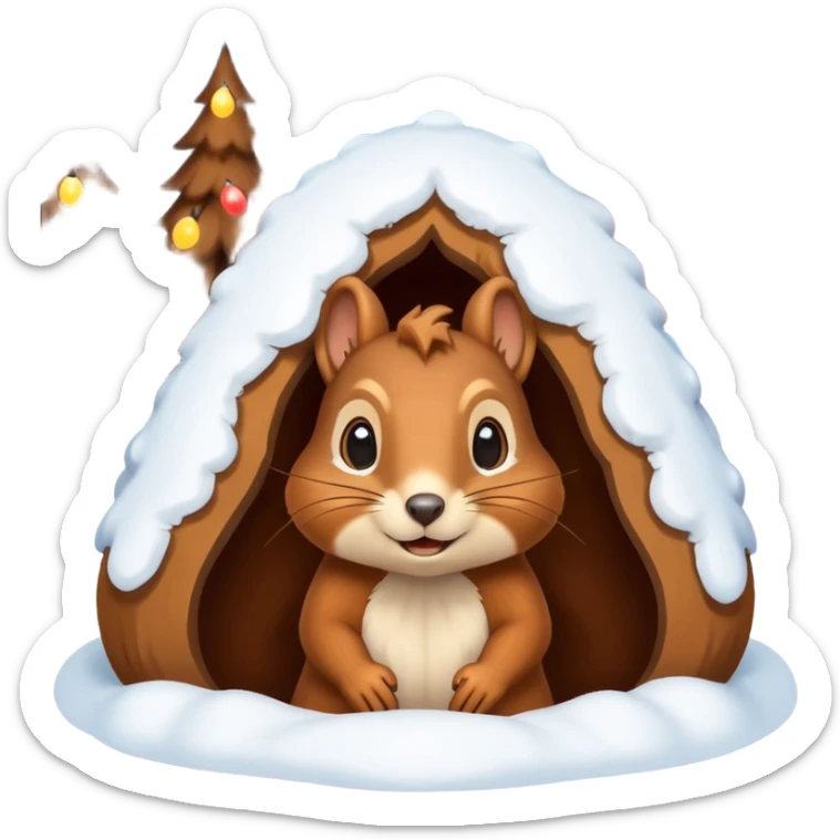 squirrel poking its head out of snow hill wearing christmas lights sticker