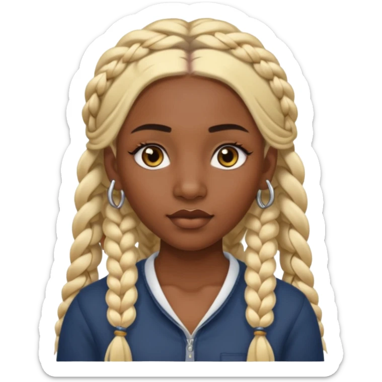 A dark-skinned woman with long blonde hair styled into two thick braids. She has large golden-brown eyes and arched eyebrows. Her face is decorated with piercings: a silver eyebrow ring, a nose stud, and a lip ring. sticker