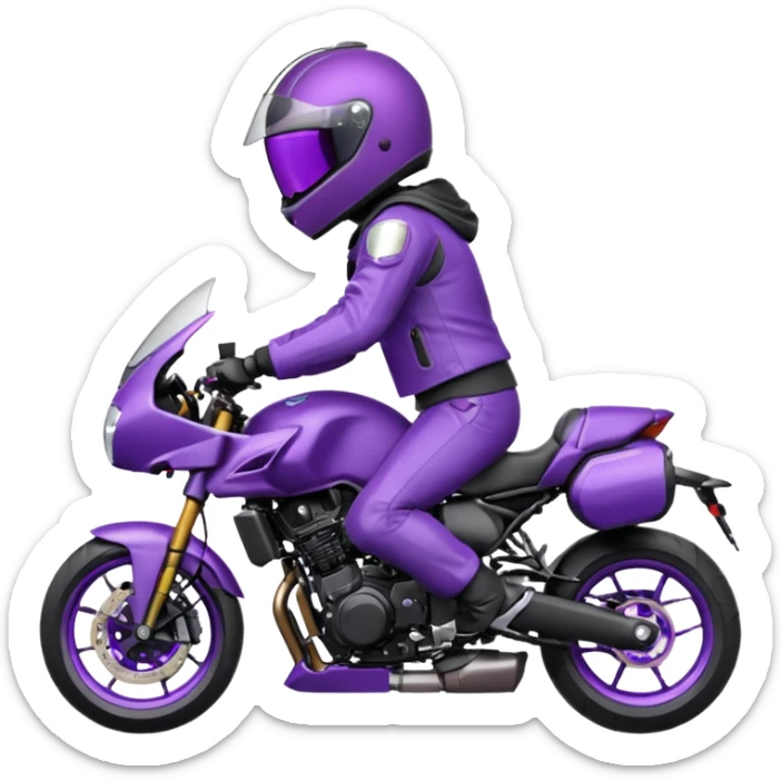 Créer un emoji avec une moto mt07 sport noir mate / violet iridescent très foncé. Avec une pilote dessus visière violet sombre faceless, bulle de la moto violet. Avec fond arrière violet, tenue complète casque inclus violet  sticker