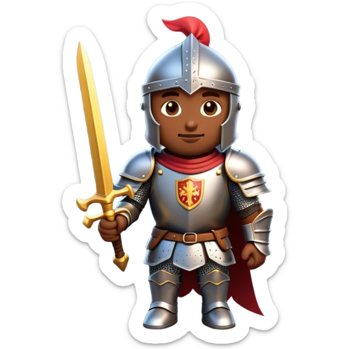 Clash of Clans aesthetic: Cinematic Playful Armored Knight Hero Emoji, rendered in a 3D vector-style similar to standard emojis with minimal shading and bold, simplified shapes. A compact, isometric warrior clad in gleaming plate armor with intricate heraldic details, softly glowing with a chivalrous medieval charm. Simplified yet unmistakably iconic, highly detailed and consistent, glowing with a soft radiant shine and high polish. Stylized with a touch of noble valor and a soft glowing outline, capturing the essence of a gallant knight ready for honorable battle with a friendly, playful manner! sticker