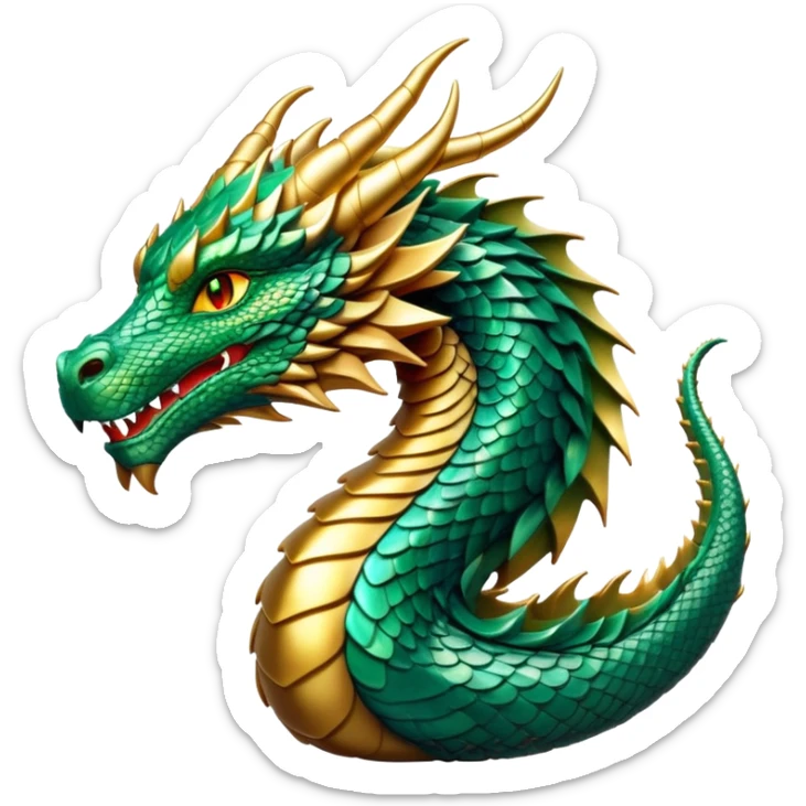 cinematic-noble-dragon-portrait-emoji,-poised-and-majestic,-with-a-sinuous,-elongated-body-covered-in-intricately-detailed,-shimmering-scales-in-hues-of-emerald-and-gold,-and-piercing,-fiery-eyes-that-reflect-ancient-wisdom; sticker