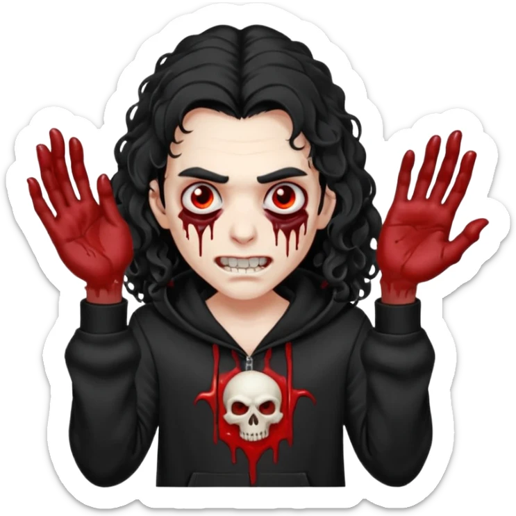 Vampire wearing a black hoodie with a skull logo on it, long curly hair that covers the forehead, fanged teeth and blood on hands sticker