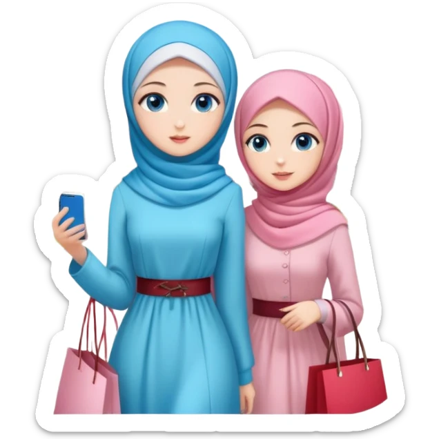 Turkish beautiful finish Konya girls blue eyes with lovely cherry blossom hijab long tail dress and the two friends shopping in a shopping city  sticker