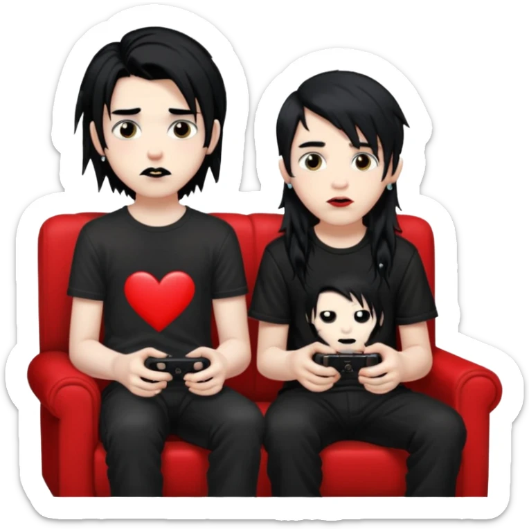 pale Goth boy with a bunch of face piercings, with shaggy dark brown hair, smudged, red, lipstick next to a tan gamer boy with long black hair , they are watching tv together  sticker