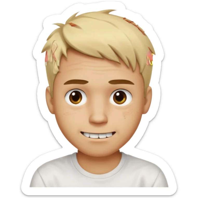 Male with short, messy blonde hair, large expressive golden-brown eyes, light brown skin, subtle facial bruises and scratches, crooked smile showing slightly damaged teeth, wearing a plain white t-shirt, friendly but creepy expression.
 sticker