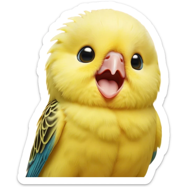 Cinematic Cute Yawning Yellow Budgie Portrait Emoji, Head tilted slightly with a dramatic, wide-open yawn, showcasing a soft, downy yellow feathered fur with gently drooping wings, round dark eyes barely open in drowsy contentment, Simplified yet irresistibly adorable features, highly detailed, glowing with a soft, cozy glow, high shine, relaxed yet expressive, stylized with a touch of whimsy, bright and endearing, soft glowing outline, capturing the essence of a sleepy yet affectionate budgie, so drowsy it feels like it could stretch out of the screen and curl up for a nap! sticker