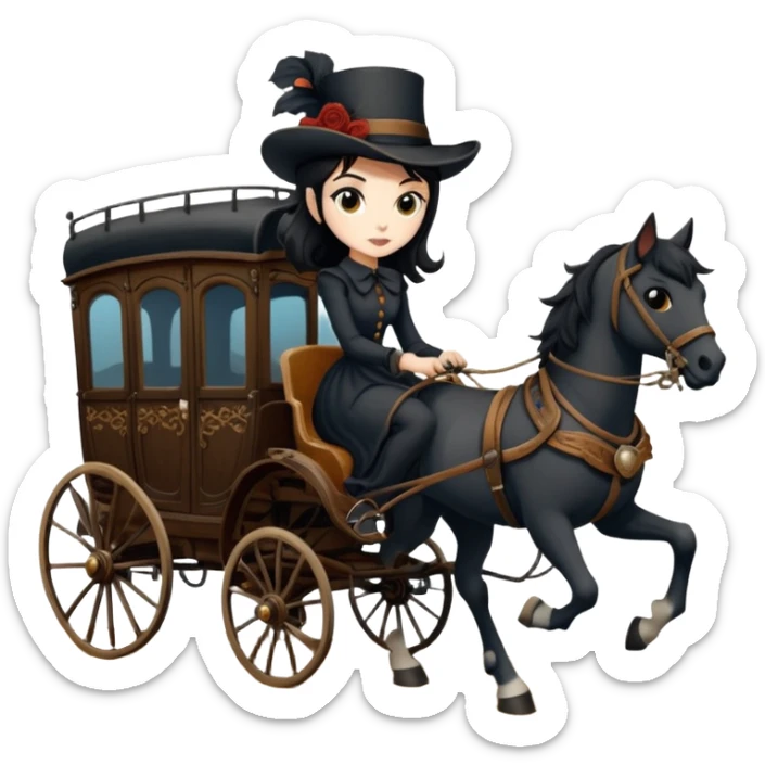  Rustic all black antique wood detailed 1854 pretty dark-haired Catgirl driving a huge horse-drawn fancy French stagecoach Caravan on a bumpy scary ghost trail in the woods  sticker