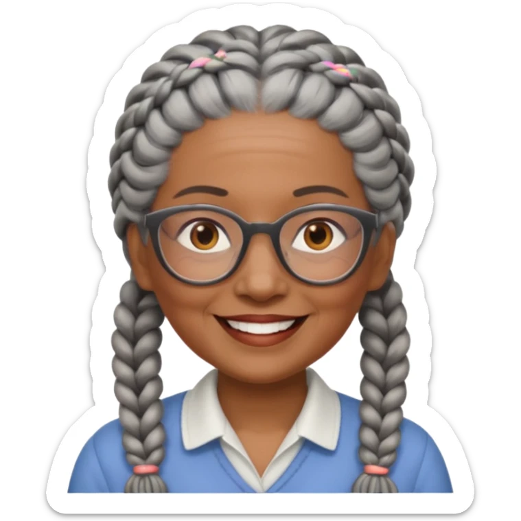 Older woman of color with gray braids, glasses and smiling sticker