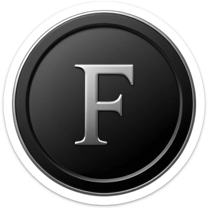 Emoji icon of a black coin with engraved letter F, minimalist style, isolated, no color sticker