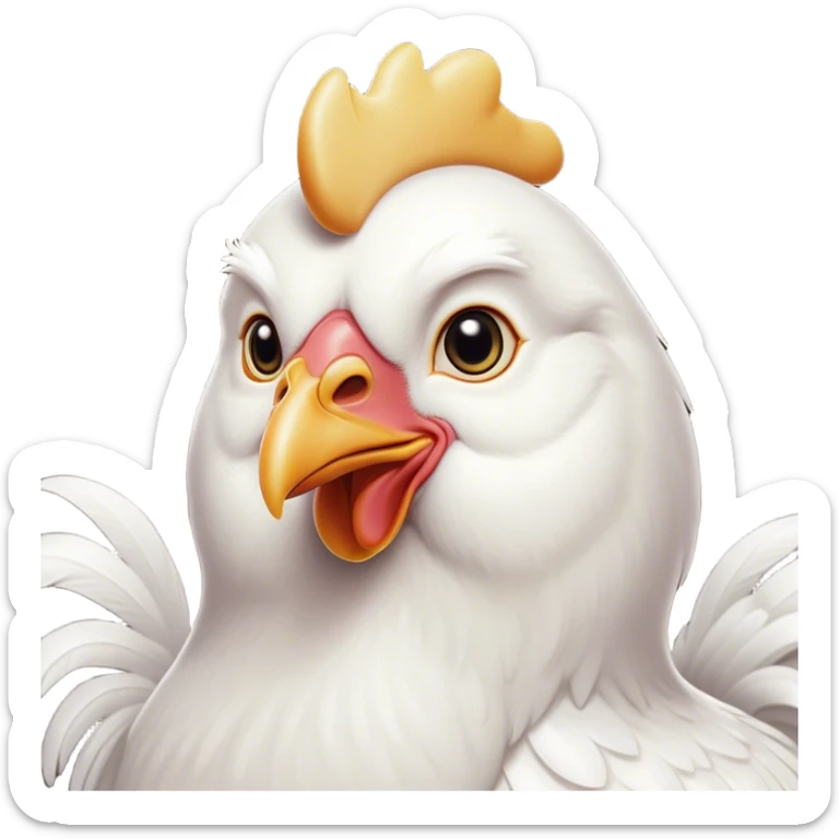 Cinematic Noble White Chicken Portrait Emoji, Poised and regal, with a compact, sturdy build and a pristine, well-groomed pure white plumage, deep-set soulful beady eyes, Simplified yet sharp and sophisticated features, highly detailed, glowing with a soft, dignified glow, high shine, intelligent and alert, stylized with an air of barnyard elegance, focused and attentive, soft glowing outline, capturing the essence of a watchful and confident fowl, so majestic it feels as though it could strut out of the screen with effortless authority! sticker