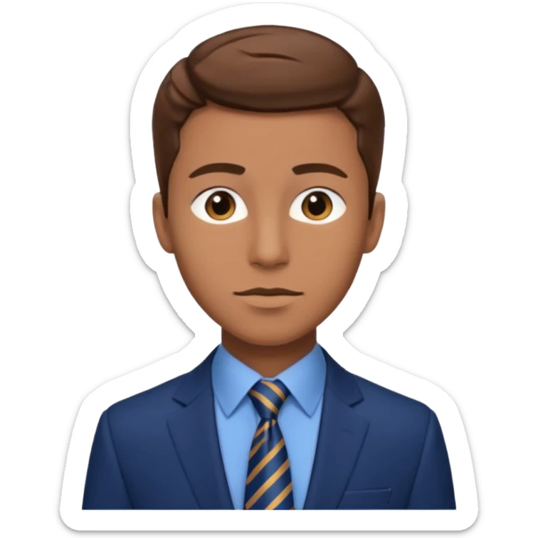 young man with brown hair in a blue navy suit with light brown skin, elongated face, defined sticker