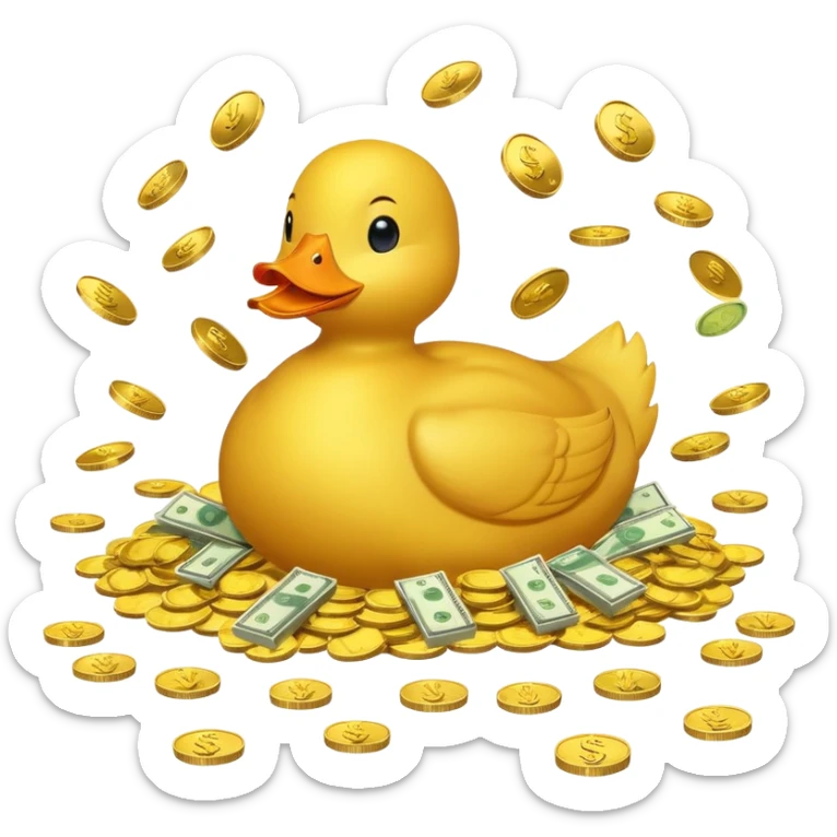Yellow duck swimming in a pile of gold coins and dollar bills sticker