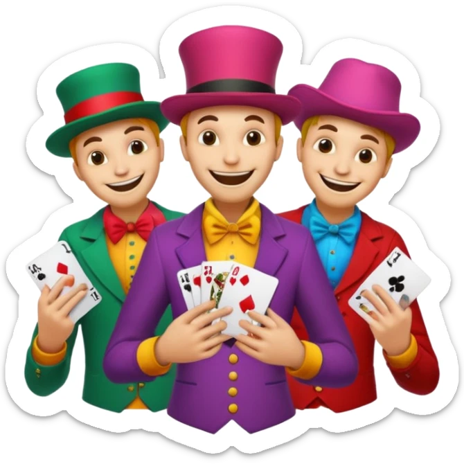 3 poker cards, with crazy colorful human jolly jokers inside, face and torso only sticker