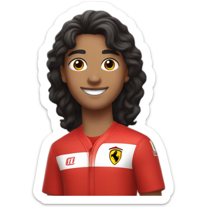 A smiling white teen with a long face in red Ferrari jersey with very short black hair and light green eyes and dig cheeks sticker