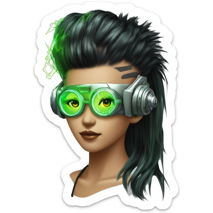 Neon green Mohawk hair Asian female cyborg head with silver steampunk goggles and circuits sticker