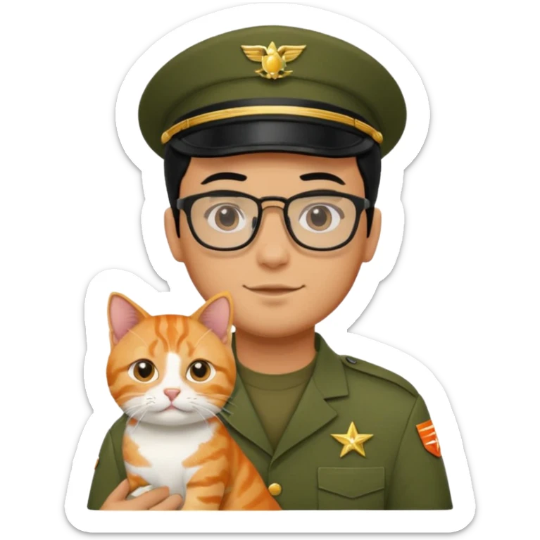 Veterinario hombre trigueño con lentes, con cabello negro, y con uniforme veterinario color verde militar cargando un gato naranja sticker