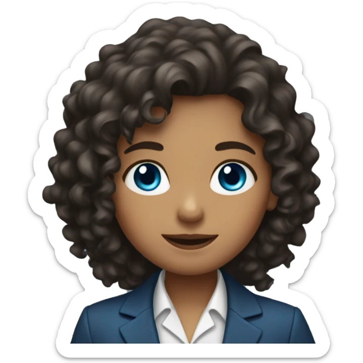 Girl with long dark brown curly hair and blue eyes and a blazer sticker