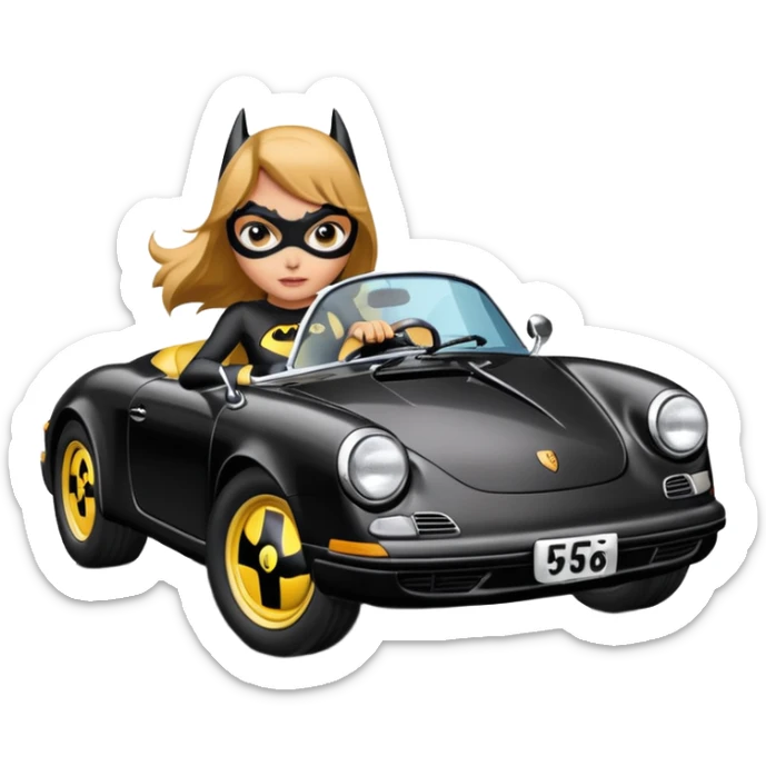 BatGirl driving her satin-black 56 Porsche spider too fast in the country despite the rainy conditions making the tires slippery sliding sideways  sticker