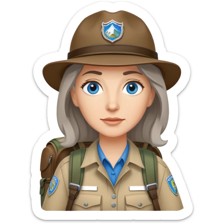 white woman park ranger with blue eyes, brown and gray hair, wearing a backpack sticker