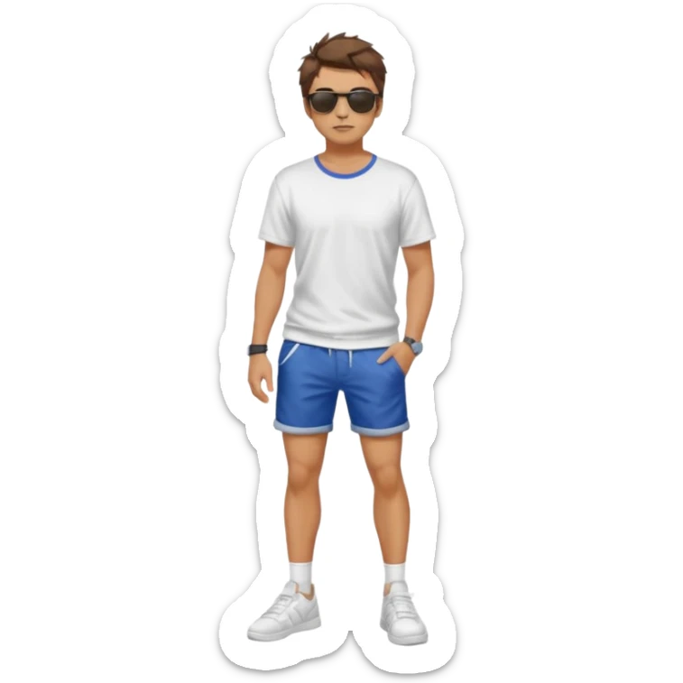 Handsome. Male. Short brown hair. Messy hairstyles. Sunglasses. Sexy pose. Full body. Wearing shorts. White tekkies sticker
