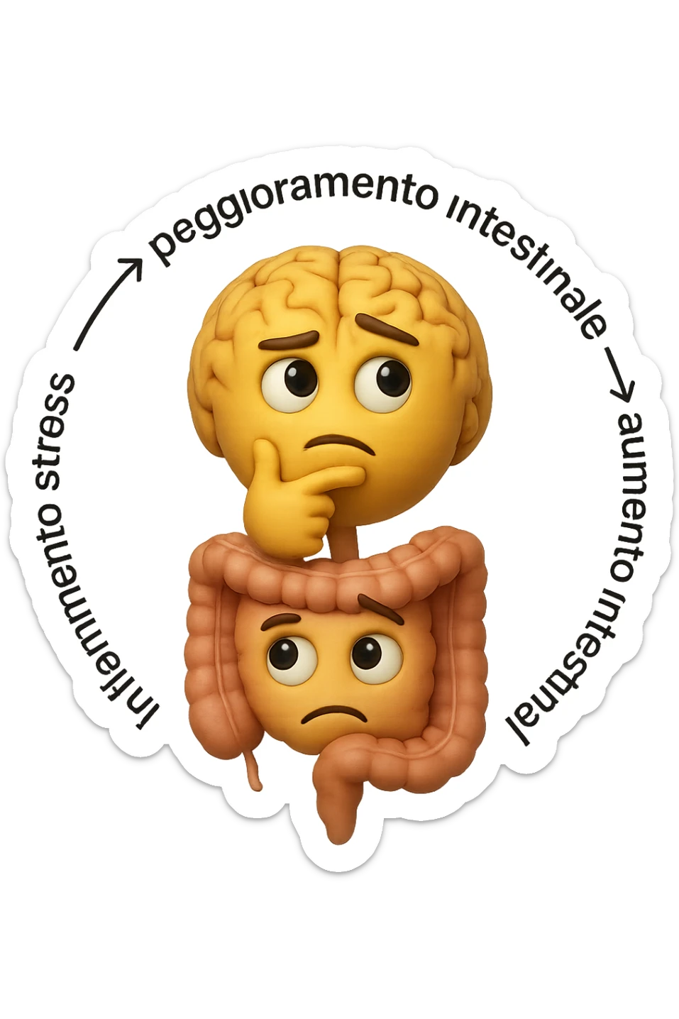EMOJI STILE IPHONE 3D DI un cerchio con queste scritte che girano intorno "stress → peggioramento intestinale → aumento infiammazione → peggioramento sintomi intestinali e sistemici." al centro del cerchio metti un cervello e intestino umani collegati verticalmente con espressione dubbiosa in volto, FALLO MOLTO REALISTICO IN 3D sticker