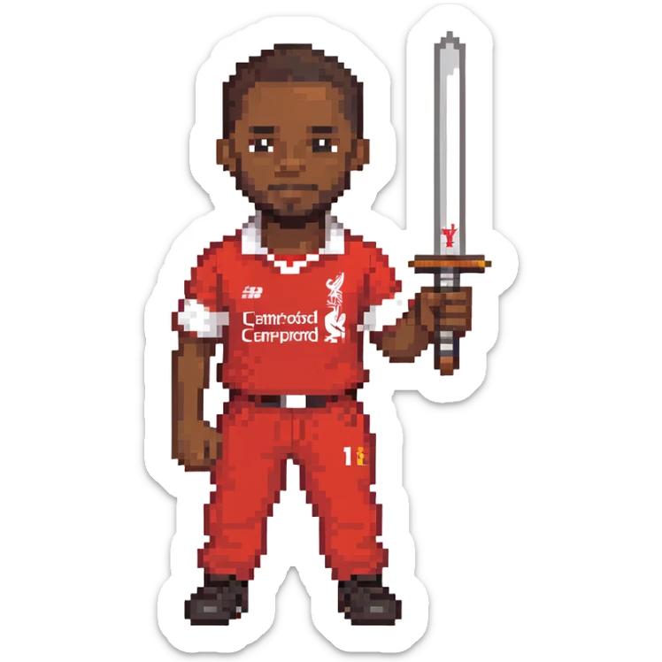 A black man holding a sword, wearing a Liverpool FC shirt and trousers sticker