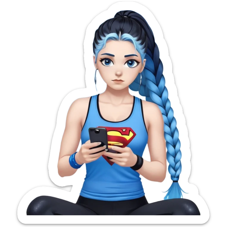 Shameful and disappointed-Female-very very very larger chest-texting on a samsung cell phone-very long straight braided black to sky blue hair ombre-blue eyes-black eyeliner-long eyelashes-glitter and sky blue very low cut tank top with superman logo-black leggings-nike hightop sneakers sticker