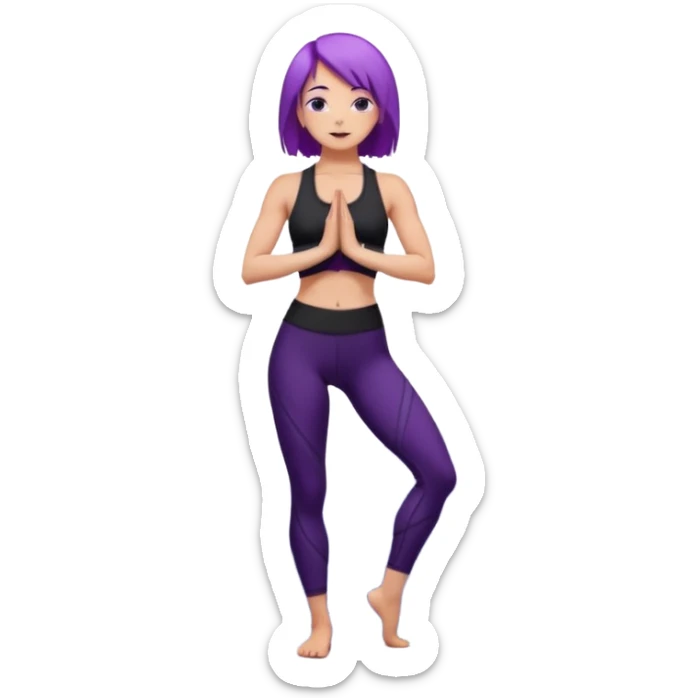 A woman with purple hair standing tall in mountain pose, wearing a black yoga outfit, calm expression, mandala background, digital art style. sticker