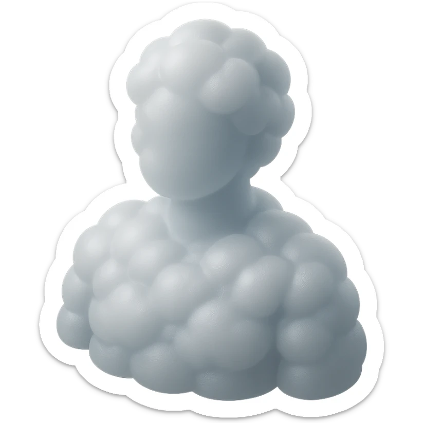 shoulder-up person fully made of white fluffy convex clouds, matte glass style sticker