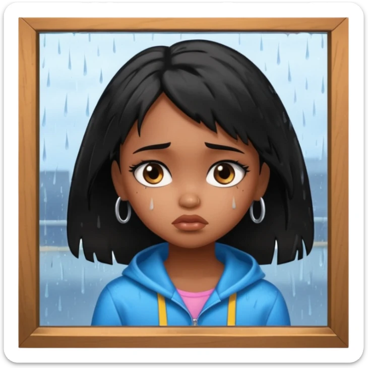 generate a pretty bratz brown skinned girl with messy black hair looking out of the rainy window, looking very sad. SIDE ANGLE sticker