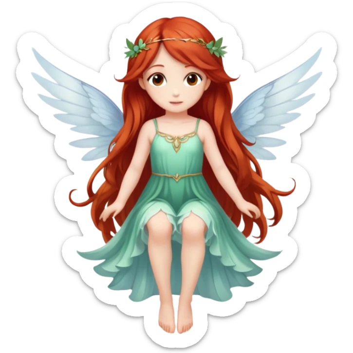 Une magnifique fée avec un visage d’ange  avec de belles ailes une magnifique robe naturelle avec de très long cheveux roux avec des yeux marrons de belle jambe et une belle pose sticker