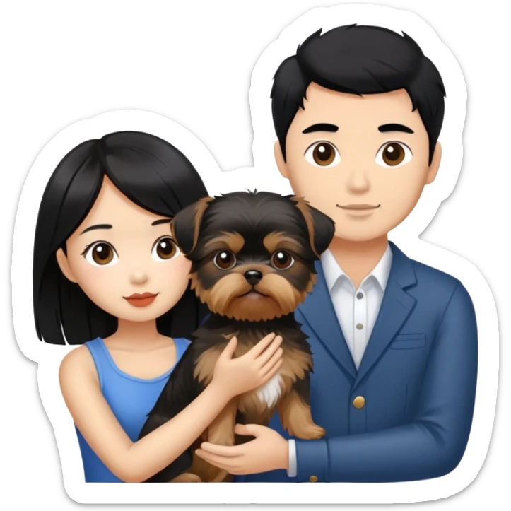 beautiful asian girl with black hair holding a yorkshire terrier, standing next to her tanned boyfriend holding a shih tzu sticker