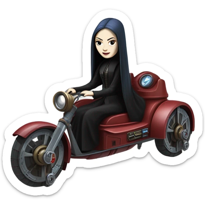 Jedi teen Morticia Addams flying a old red and blue Jumpspeeder anti-gravity repulsorlift powered by an imperial speeder steampunk  sticker