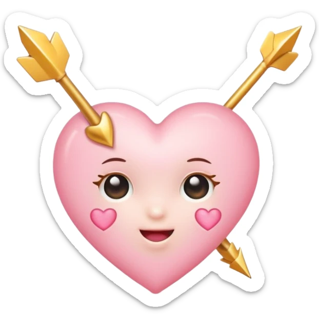 Cute baby pink heart pierced by a golden arrow, vector emoji style, soft glow, kawaii aesthetic, clean white background, obsession energy sticker