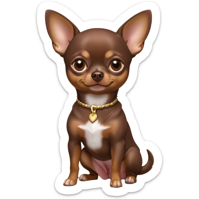 Cinematic Noble Chocolate Short Haired Chihuahua Portrait Emoji, Poised and regal, with a compact, muscular build and a sleek, well-groomed chocolate coat, deep-set soulful dark eyes, Simplified yet sharp and sophisticated features, highly detailed, glowing with a soft, dignified glow, high shine, intelligent and loyal, stylized with an air of strength, focused and attentive, soft glowing outline, capturing the essence of a watchful and confident guardian, so majestic it feels as though it could step out of the screen with effortless authority! sticker