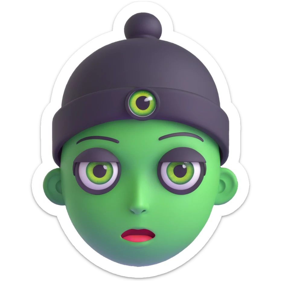 guy with 300 eyes, one big green eye in the middle of his head, hat made out of a girl on his head sticker