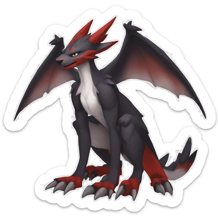 Black Cool Edgy Anthro Noivern-Nargacuga-Sergal-Fakémon  with White and Red Edgy markings sticker