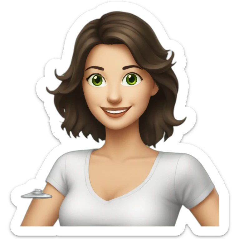 brunette woman holding fernet branca glass smiling green eyes big white t-shirt sticker