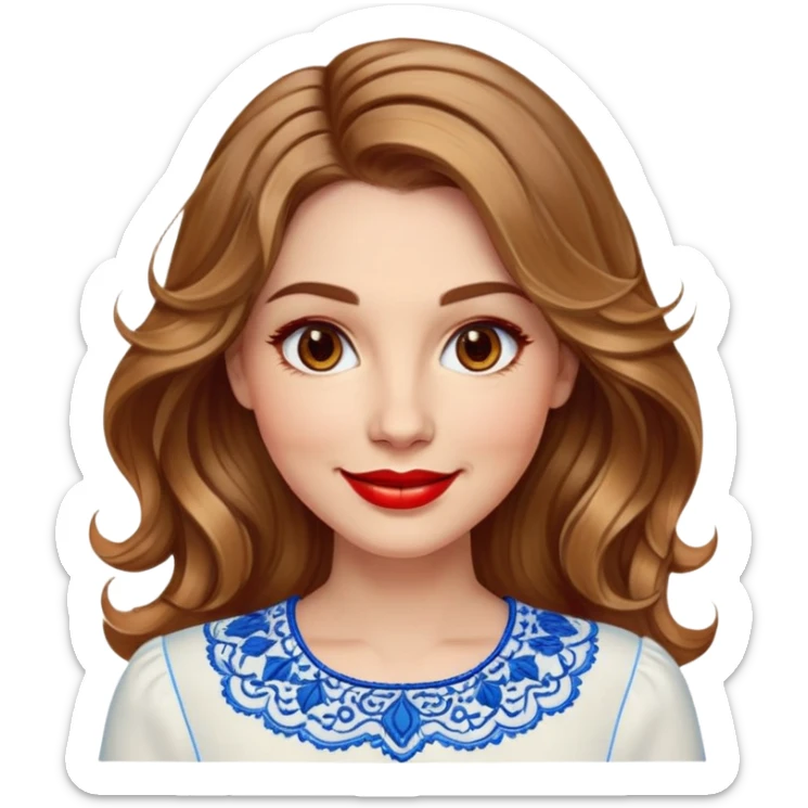 Friendly woman in her late 30s with luminous fair skin, round face, wide smile, large light brown eyes, vibrant red lips, shoulder-length dark blonde wavy hair with highlights, wearing white blouse with blue embroidery and electric blue neckline sticker
