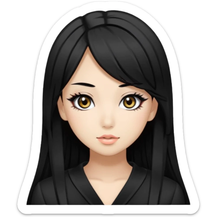 Hime gyaru girl, medium-long, straight black hair, black slanted eyes and thin black eyebrows, gyaru makeup, sticker