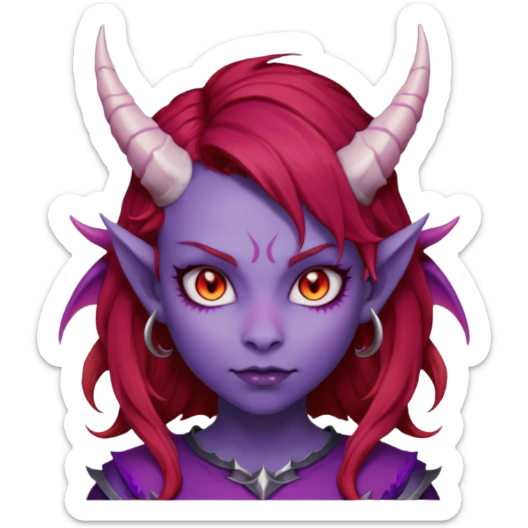 Demon Girl Purple Skin Dragon Horns Black Eyes Red Glowing Pupils Auburn Haired Red Shirt  sticker