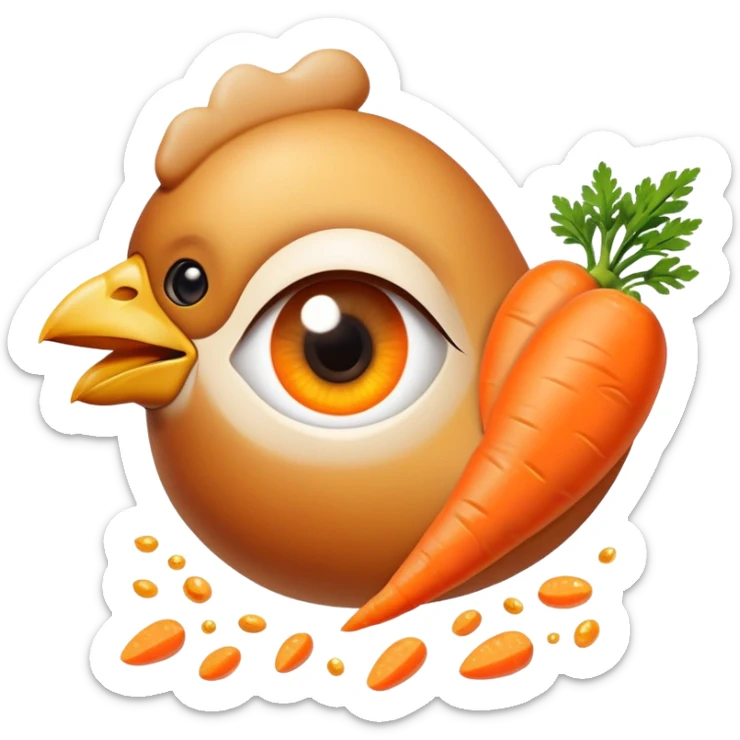 Chicken pieces and bright orange carrots with soft golden particles flowing toward a normal-looking eye and smooth skin. The design shows how vitamin A from both animal and plant sources contributes to eye and skin health in a friendly, non-threatening way. sticker