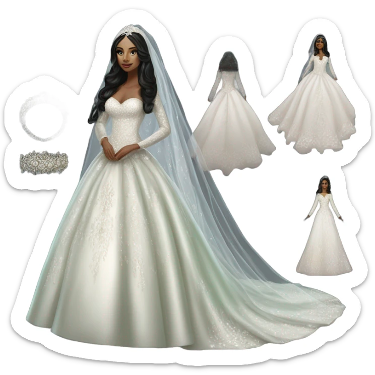 Hyper Realistic ornate ballgown long sleeve Wedding dress with diamanté on Russian bride with pale skin and green eyes and long black hair with veil hyper realistic  sticker