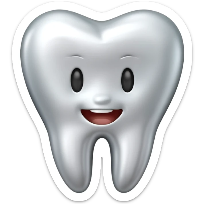 human tooth emoji, smooth chrome ceramic-metal texture, clean medical luxury aesthetic, isolated on white sticker