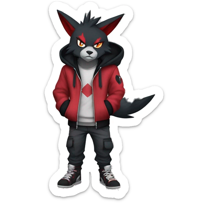 Edgy Cool Anthro Zoroark-Zangoose-Litten Fakemon Fursona Hoodie Full Body sticker