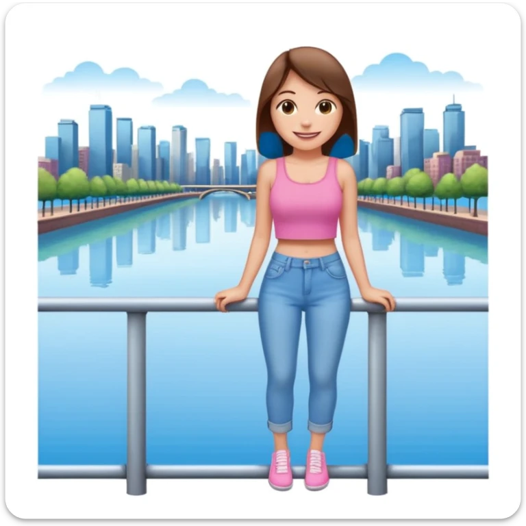 smiling emoji-style woman with straight brown hair, wearing a pink crop top and light blue jeans, leaning casually on a railing with a city and water background, under a blue sky sticker